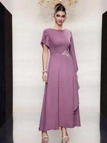 Modelyn Arabic Style Bell Sleeve Round Neck Dress - Purple - View 5