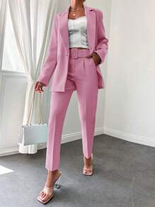 SHEIN Unicolore Col À Revers Blazer & À Poche Ceinturé Pantalon