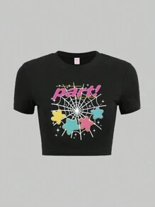 ROMWE T-shirt Décontracté À Manches Courtes Imprimé Toile D'araignée Et Lettres Amusantes Pour Femmes