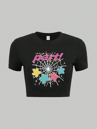 T-shirt Décontracté À Manches Courtes Imprimé Toile D'araignée Et Lettres Amusantes Pour Femmes