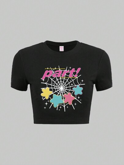 Women'S Casual Spider Web & Fun Letter Printed Short Sleeve T-Shirt