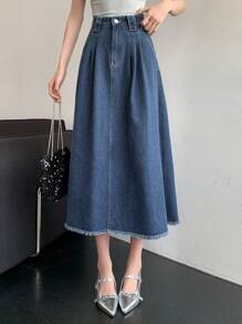 DAZY 高腰牛仔裙，饰有流苏，适合返校季穿着，秋冬款。 - 中等水洗藍 - 查看 4