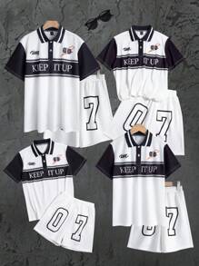 Tween Boy kleurblok top met letterprint en shorts met nummerprint