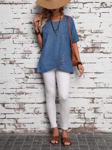SHEIN LUNE Top De Mezclilla Con Botones Adornados En El Dobladillo Envolvente - Azul - Ver 7