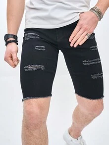 Manfinity LEGND Nam Kích thước lớn Thon gọn Rách Quần short Denim - màu đen - Xem 6