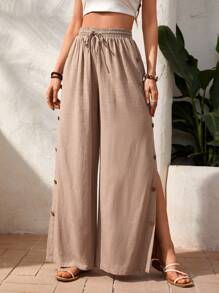 SHEIN VCAY Women's Button Decoration Slit Long Pants For Vacation - Khaki - View 5