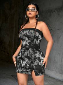 SHEIN ICON Y2k音樂會街頭風格性感龍紋印花加大碼無肩帶窄身派對黑色女裝連衣裙 - 黑與白 - 查看 4