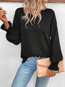 SHEIN LUNE 女式v領褶皺袖衫 - 黑色 - 查看 4