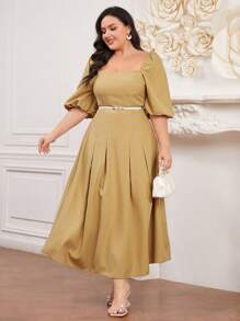 Modelyn Vestido de talla grande para mujer con cuello cuadrado y mangas cortas abullonadas, vestido de invitada de boda - Amarillo - Ver 6