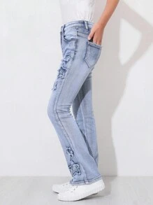 Tween Girl High Waist Star Embroidered Flared Jeans, Korean Version - Dark Wash - View 5