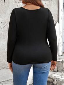 Calvaya Kích thước lớn In hoa Báo & Lỗ Trang trí Thon gọn Áo thun Với Vá lại Thiết kế - màu đen - Xem 2