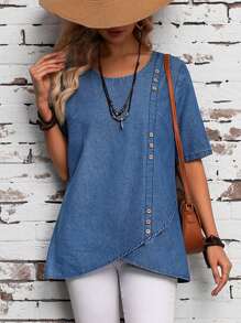 SHEIN LUNE Top De Mezclilla Con Botones Adornados En El Dobladillo Envolvente - Azul - Ver 3