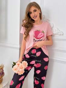 Women's Strawberry & Letter Print Pajama Set - Multicolor - View 5