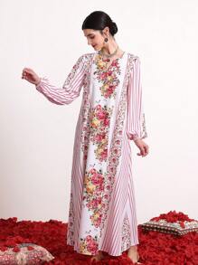 Divindia Striped Spliced Floral Printed Lantern Sleeve Dress