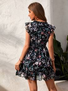 SHEIN VCAY Summer Vacation Spring/Summer Petite Floral Print V-Neck Short Dress Ruffles - Black - View 2