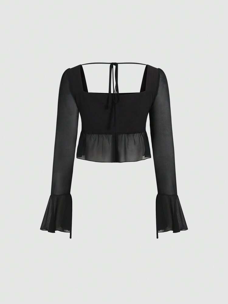Sheer Hollow Out Hem Blouse