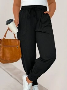 SHEIN LUNE Talla grande Pantalones de cintura con cordón con bolsillo oblicuo - Negro - Ver 1