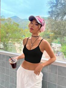 SHEIN EZwear 純色露背短版吊帶上衣 - 黑色 - 查看 5