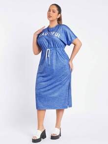 SHEIN Essnce Của phụ nữ Kích thước lớn Bên Khe Đúng mốt Đầm giản dị Với In thư Và Dây rút Vòng eo Cho mùa xuân Và Mùa hè - Màu xanh lam - Xem 5