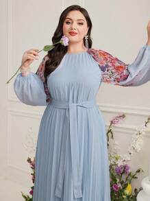 Modelyn 大尺寸褶皺長袖花卉印花插肩袖連身裙 - 藍色 - 查看 6
