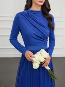 Modelyn Women Two-piece Outfits Asimetris Ruched Plain Casual Anggun - Biru - View 1