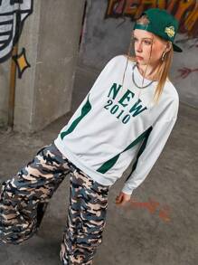 SHEIN Sports Sudadera Deportiva De Hombro Caído Con Bloque De Color Para Mujer - Beis - Ver 3