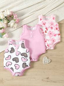 SHEIN 3pcs Baby Girl Heart Pattern Sleeveless Bodysuit