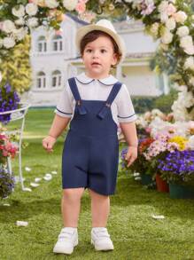 2 piezas Conjunto de top con cuello Peter Pan y pantalones cortos con tirantes azules para bebé niño, elegante y lindo atuendo informal de caballero para uso diario, primavera/verano - Multicolor - Ver 3