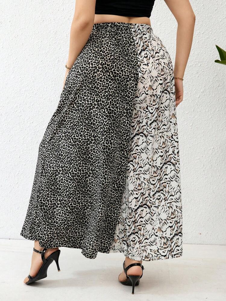Plus Leopard And Graphic Print Slant Pocket Wide Leg Pants Fall Cloth For Women