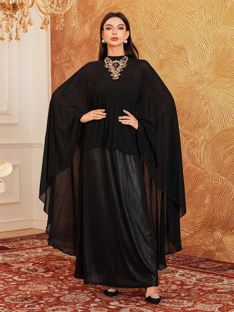 Women's Stand Collar Pleated Panel Asymmetric Black Cape Dress For Spring Long Evening Dresses