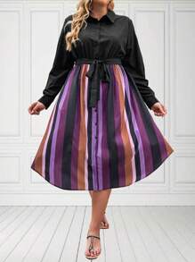 EMERY ROSE Plus Size Women's Striped Print Shirt Dress