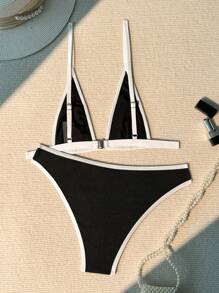 SHEIN Swim Ladies' Edge-Wrapped Bikini Set Summer Beach - Black and White - View 6