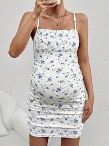 SHEIN Maternity Casual Floral Print Ruched Bodycon Spaghetti Strap Dress - White - View 5