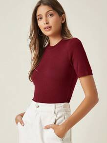 SHEIN BASICS Mock Neck Solid Rib-knit Tee - Red - View 3