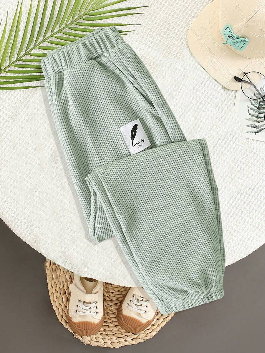 SHEIN 1件少年休閒舒適時尚實用搭配紋理皺紋布褲,帶有貼布裝飾,透氣舒適,適用於春夏秋季 - 綠色 - 查看 1