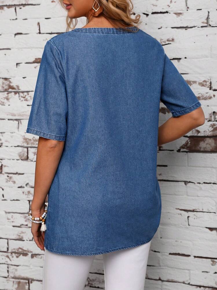 Button Decorated Wrap Hem Denim Top