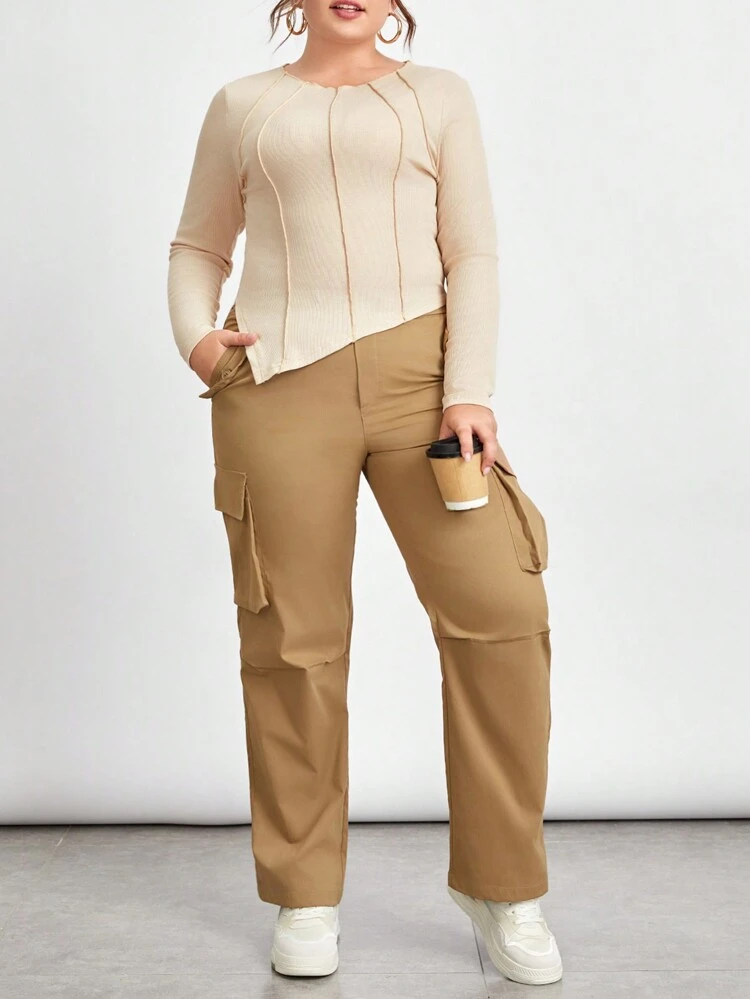 Women's Plus Size Solid Apricot Round Neck Fitted Long Sleeve T-Shirt