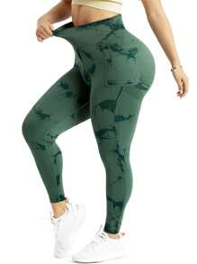 Easithlete Kích thước lớn Của phụ nữ Liền mạch Nhuộm buộc Quần Xà cạp thể thao Với Túi - màu xanh lá - Xem 4