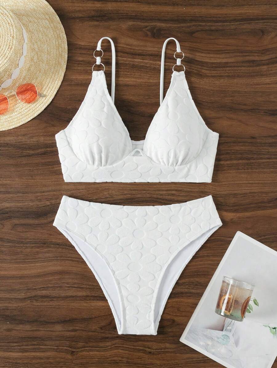 SHEIN Swim Summer Women's Flocked Design Bikini Set With Round Ring Connection, Two-Piece - White - View 1