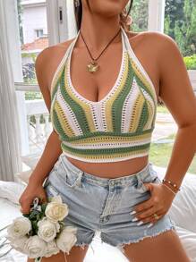 Flirla Plus Size Women's Hollow Out Halter Knitted Top