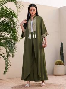 Al Najma Women's Fringe Trim Open Front Jacket And Pants Set - Dark Green - View 3