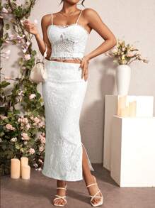 SHEIN Unity Lace Cami Top & Skirt Set - White - View 5