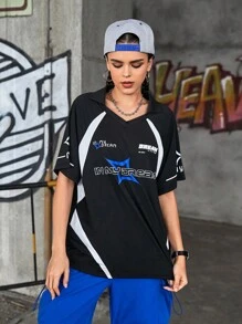 Streetz SHEIN Sport Motorcycle Inspired Loose Fit Sporty T-Shirt With Turn-Down Collar