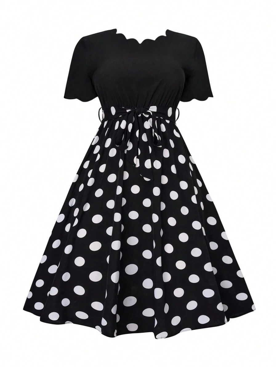 Rometta 加大圆点扇贝边饰系带连衣裙长款女装 - 黑與白 - 查看 1
