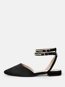 Ladies' Comfortable Pointed Toe Flat Shoes With Rhinestone Strap - Black - View 5