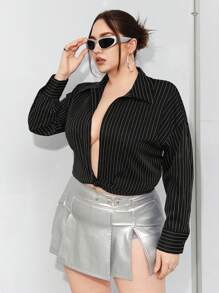 SHEIN ICON Women's Plus Size Striped Drop Shoulder Long Sleeve Shirt - Black and White - View 5