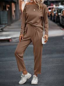 EMERY ROSE 素色不對稱領落肩T恤&斜口袋長褲 - 棕色 - 查看 3