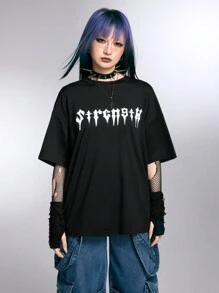 ROMWE Grunge Punk 女士宽松尖牙与字母印花圆领 T 恤，学校，男女通用 - 黑色 - 查看 4