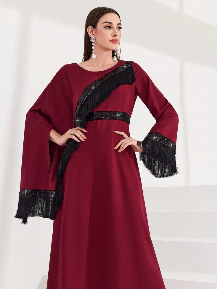 Burgundy Red Women's Glitter Patchwork Fringe Decorated Bodycon Dress Long Evening Dresses Fall Cloth For Women