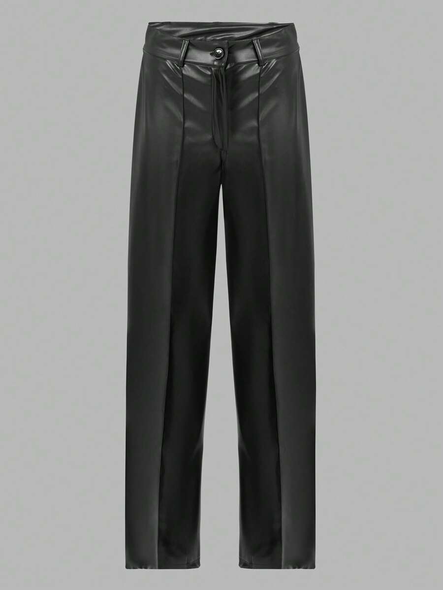 RueChic Solid Color Pu Leather Pants For Teen Girls - Black - View 1